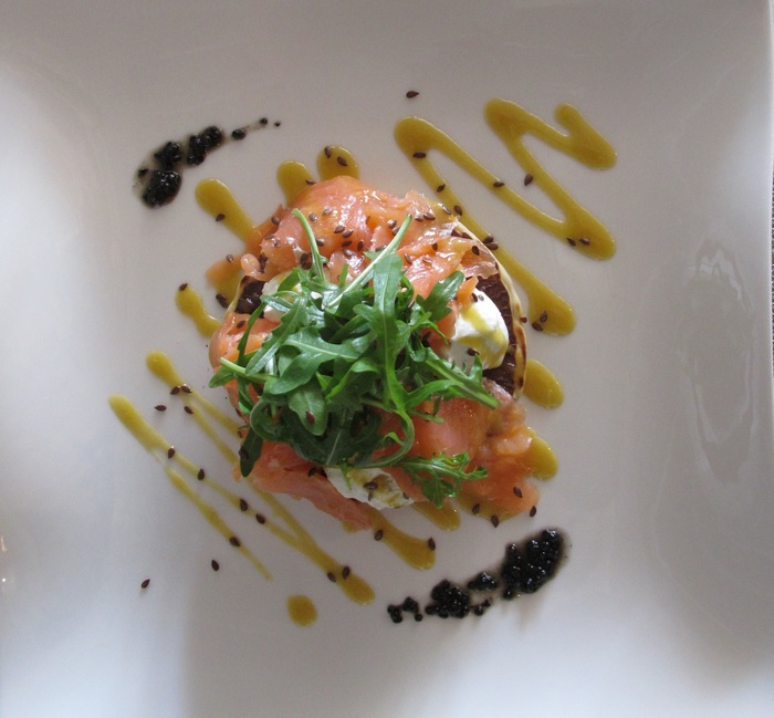 Quinoa Blini with smoked salmon, lime cream cheese, linseed & honey - mustard dressing   