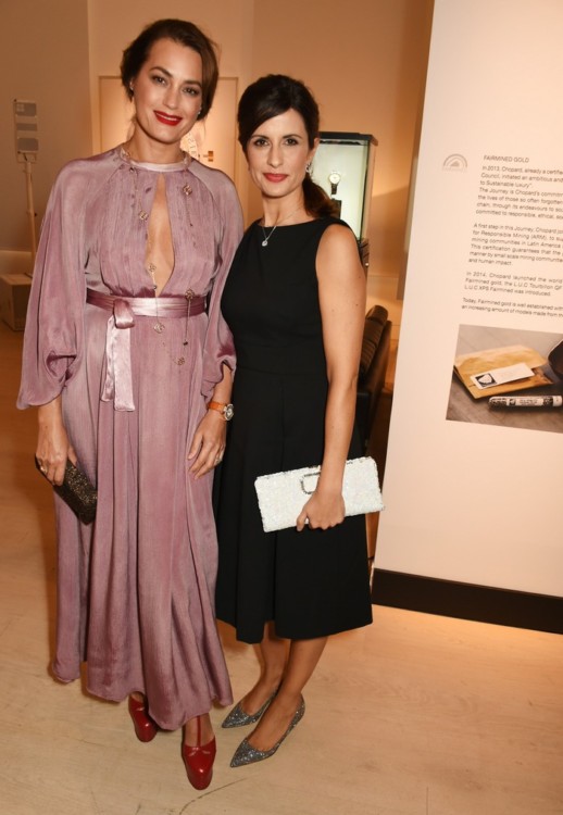 LONDON, ENGLAND - OCTOBER 11: Yasmin Le Bon (L) and Livia Firth attend the cocktail opening of the Chopard exhibition 'L.U.C - L'art d'une Manufacture' at Phillips Gallery on October 11, 2016 in London, England. Pic Credit: Dave Benett